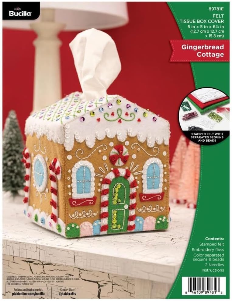 Bucilla Felt Applique Tissue Box Cover, Gingerbread Cottage, Perfect for DIY Arts and Crafts Projects