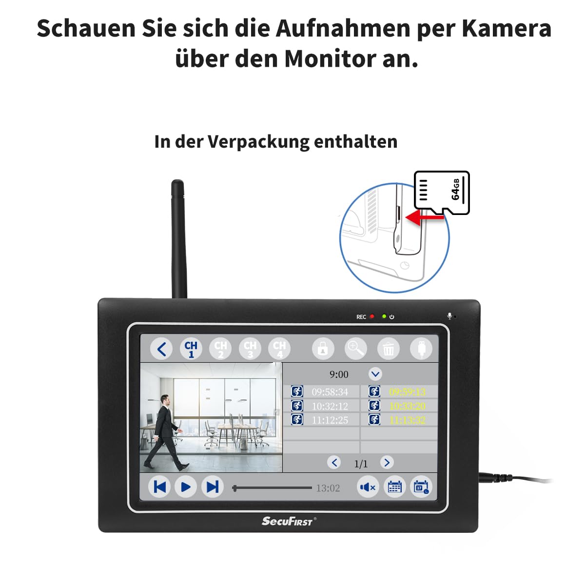 SecuFirst 2K Überwachungskamera Aussen mit Monitor,Arbeiten ohne WLAN | 4X Kameras Überwachung Set +7 Zoll Touchscreen NVR Bildschrim,Gegensprech oder Wiedergabe von Aufnahmen über Monitor und APP