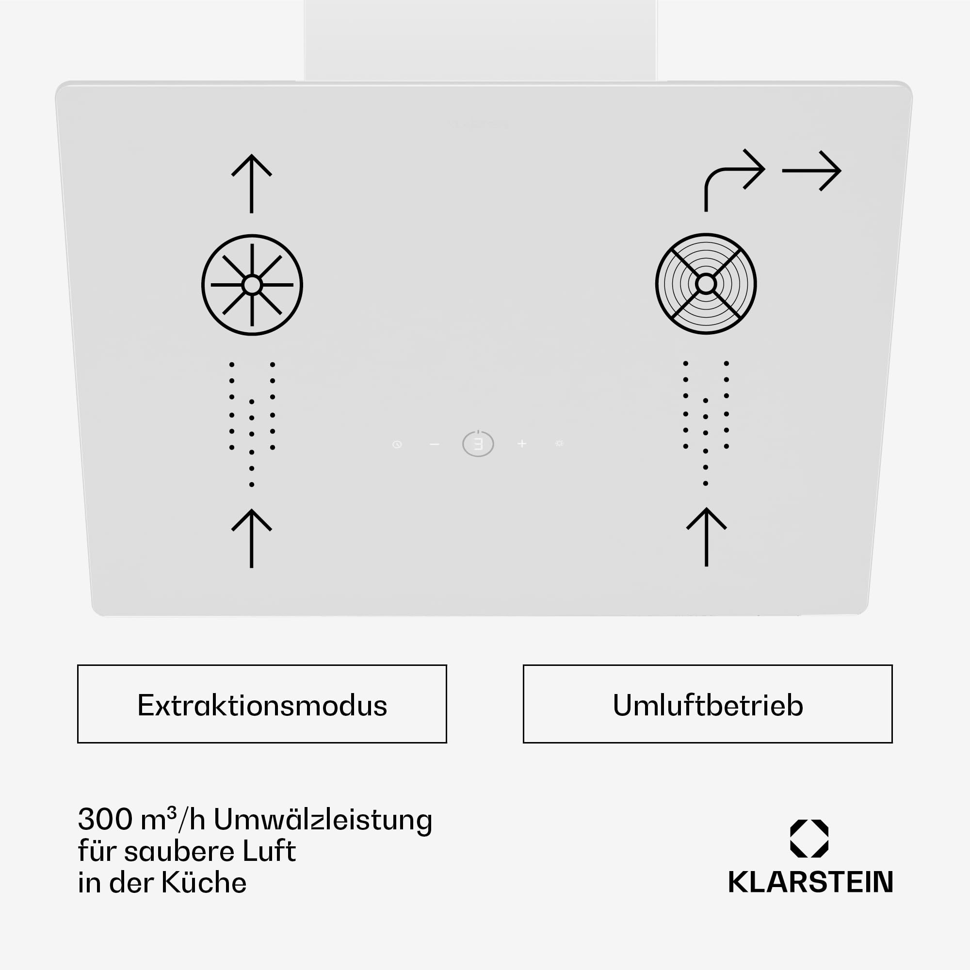 Klarstein MaxAir Dunstabzugshaube - 50 cm kopffreie Haube, Touch-Bedienung, 183-336 m³/h Luftstrom, Energieeffizienzklasse A++, LED-Beleuchtung, Weiß, Abluft und Umluft, Leise 50 dB