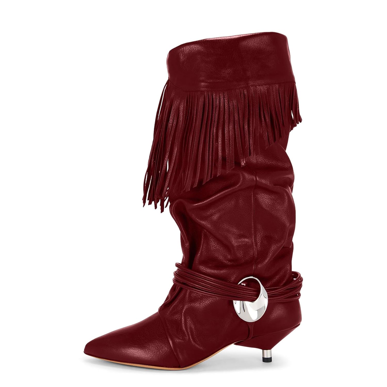 olomisa Mid Calf Boots for Women Fringe Pointed Toe Low Cone Heel Boot Straps Metal Details Slouchy Pull