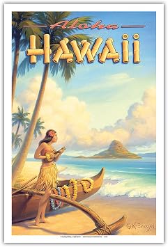Aloha Hawaii - Hula Girl Playing Ukulele Chinamans Hat Poster Print