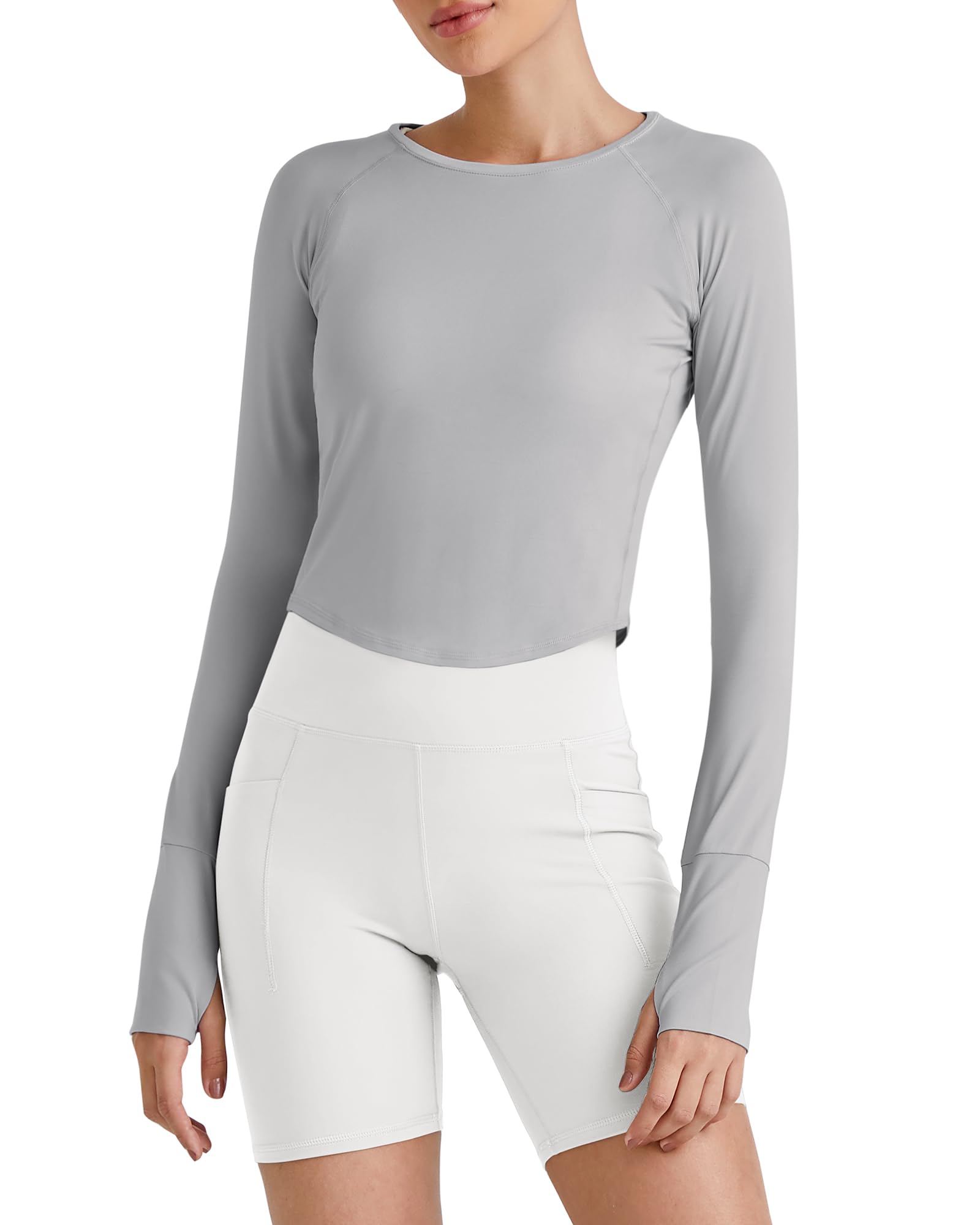 G4Free SPF Long Sleeve Shirts for Women UPF 50+ Rash Guard Athletic Tops UV Protection Comfy Thumb Hole Yoga Running Tshirts(Grey,L)