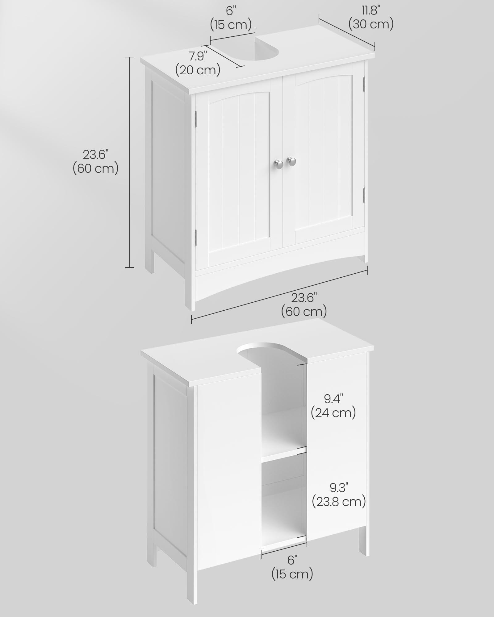 VASAGLE Mobiletto Sottolavandino Armadietto Sottolavabo Scaffale per Il Bagno con 2 Ante 2 Scompartimenti Ripiani Regolabili a Prova di umidità 60 x 30 x 60 cm Bianco BBC01WT