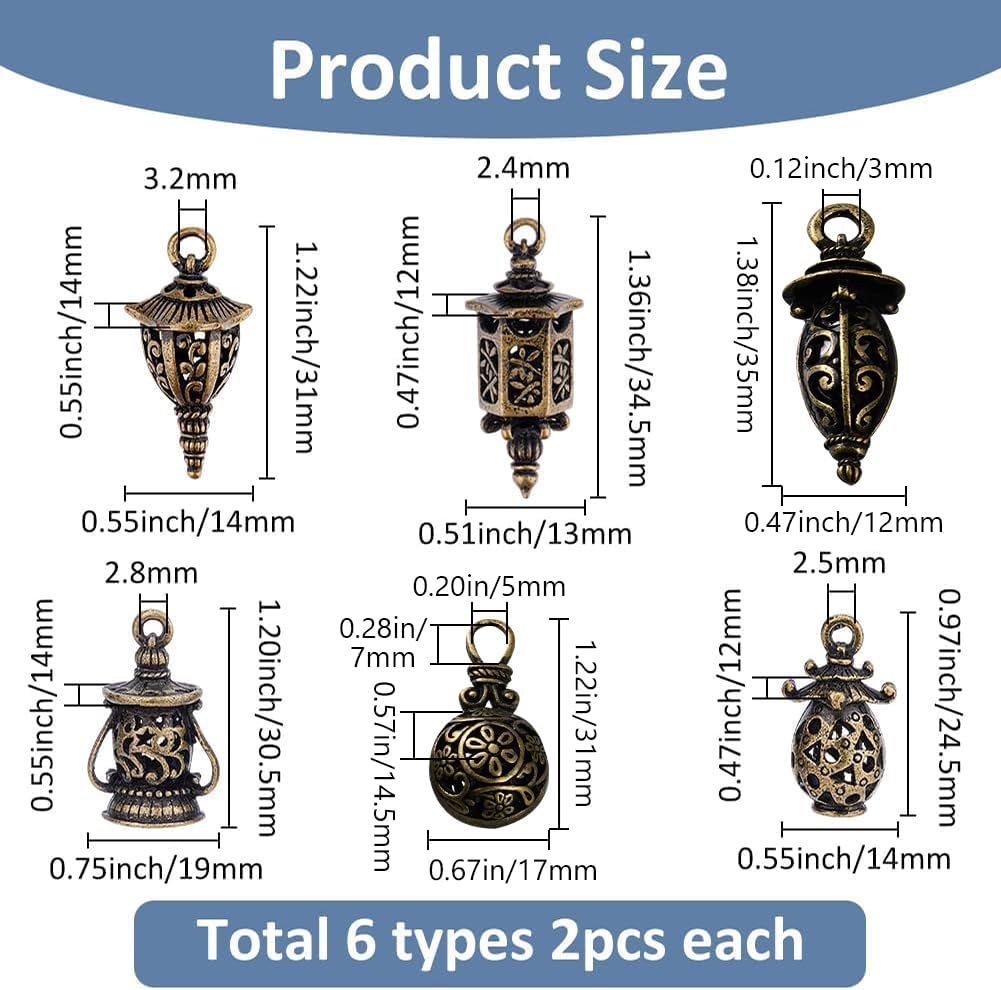 SUPERFINDINGS 12Pcs 6 Styles Tibetan Metal Charms Kerosene Lantern Pendants 3D Filigree Pendant Charms Antique Bronze Charm Camping Hanging Lamp Ornaments for Bracelet Necklace Keychain Making - Image 2