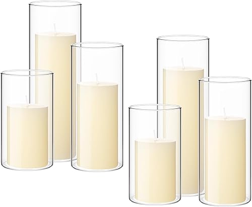 Shihanee Juego de 6 velas de pilar con jarrones cilíndricos de vidrio, portavelas cilíndricos transparentes para velas delgadas y altas, centros de