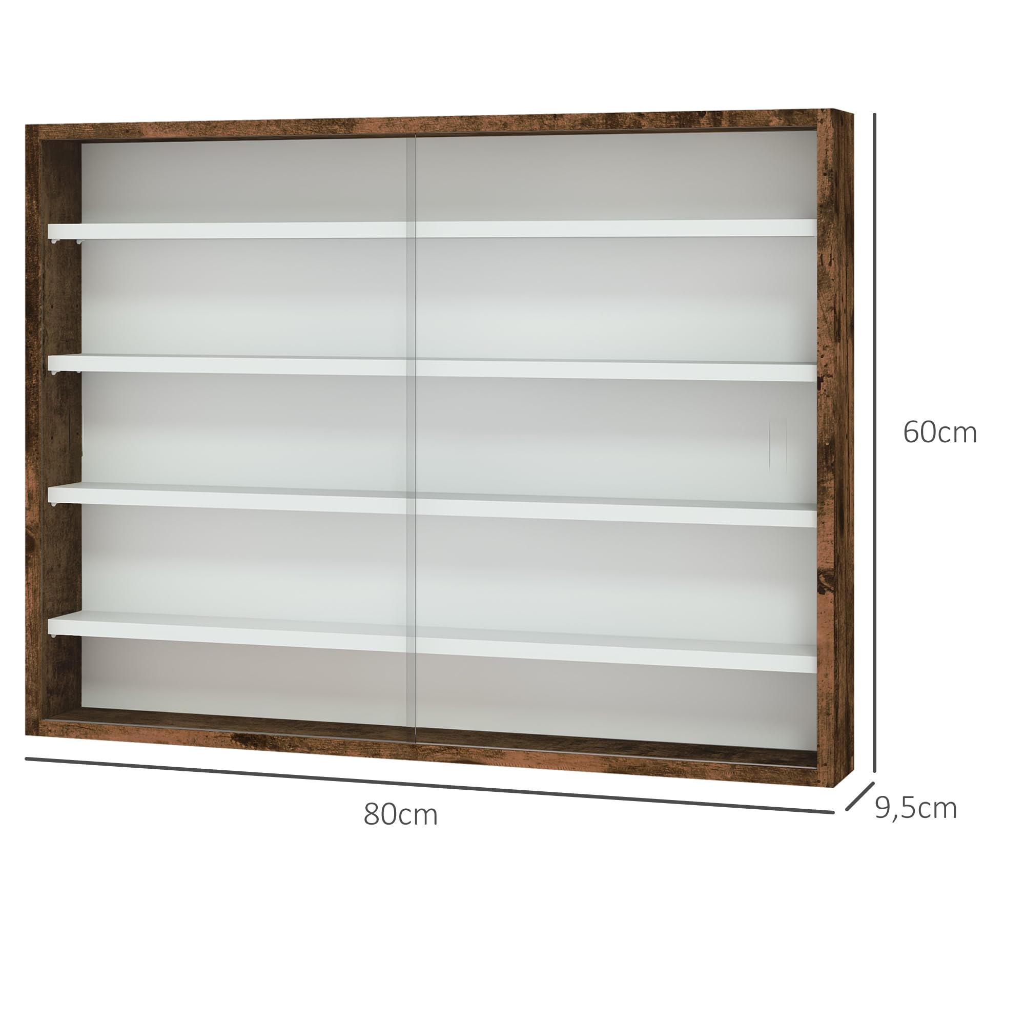 HOMCOM Vitrina para colección Armario de Pared 80 x 9,5 x 60 cm con 4 estantes Regulables en Altura y 2 Puertas correderas de Cristal, para Colecciones de Coches en Miniatura y figuritas, marrón
