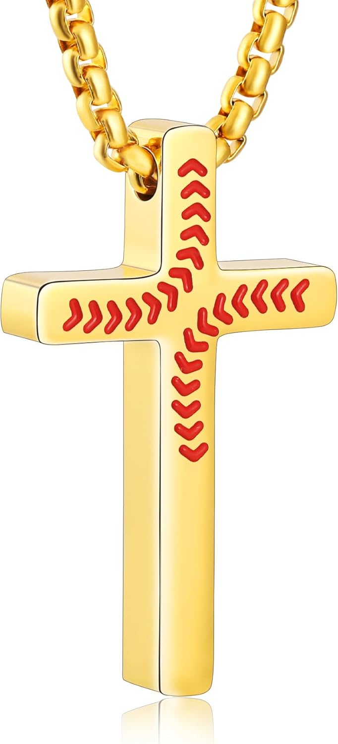 P. BLAKE Baseball Cross Necklace for Boys Men, Stainless Steel Cross Pendant Chain 16/18/20/22/24 Inches Baseball Accessories Stuff Valentines Easter Christian Birthday Sports Jewelry Gifts for Him
