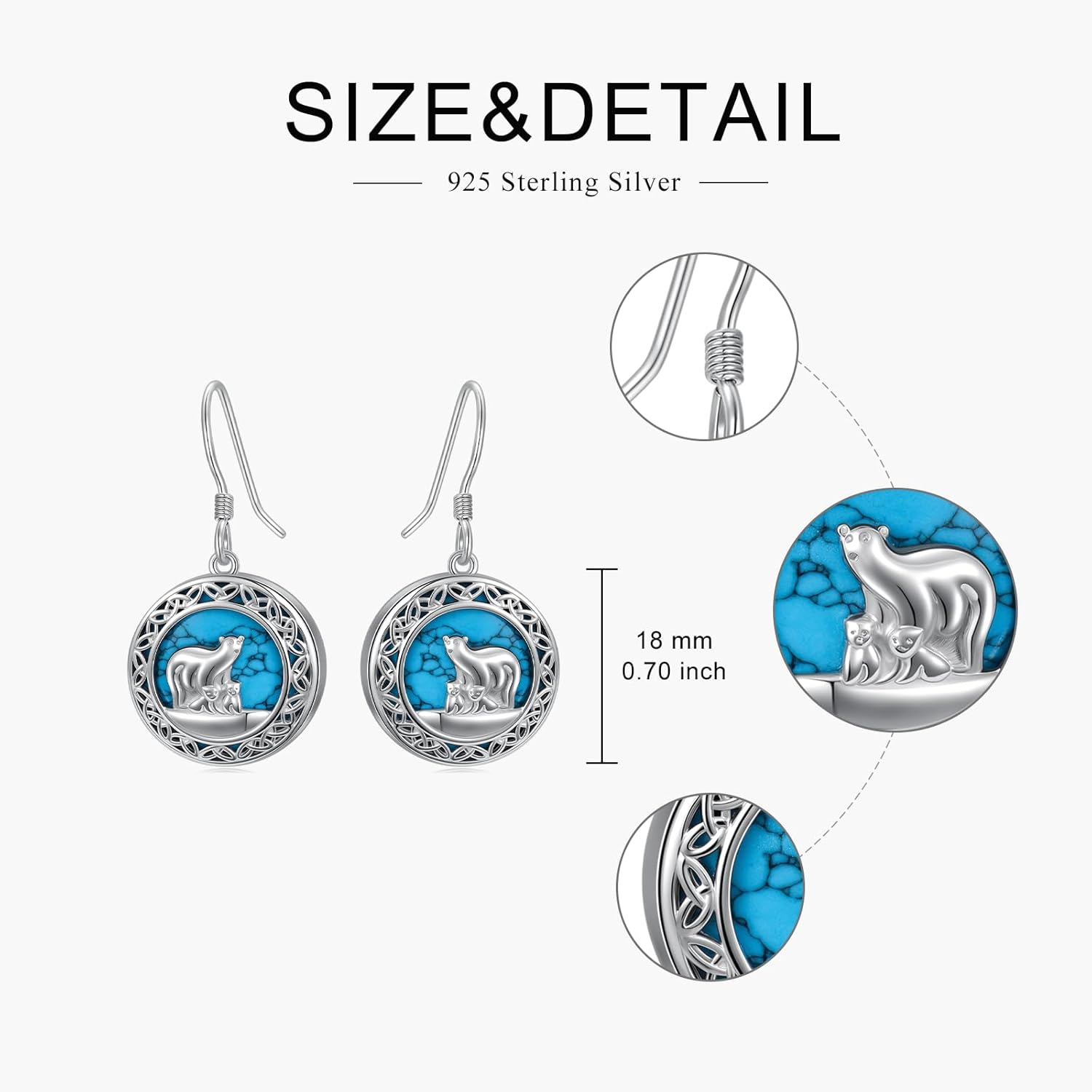 PEIMKO 925 Sterling Silver Turquoise Exquisite Mama Bear Dangle Earrings Boho Style Cute Animal Drop Earrings Jewelry Gifts for Women Mother - Image 5