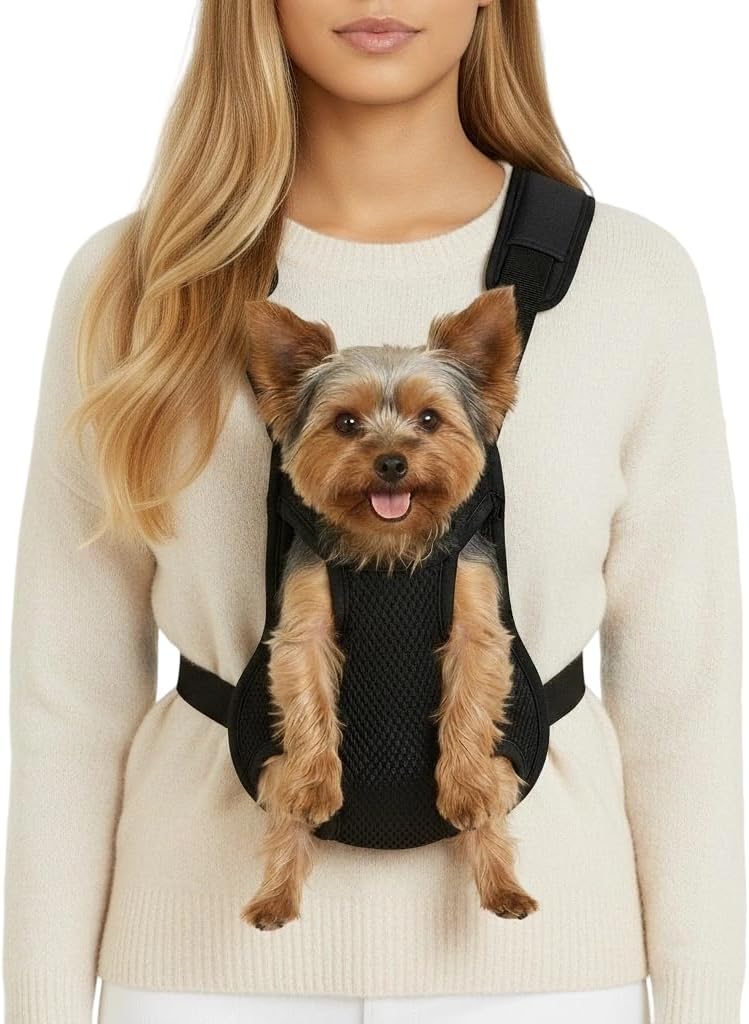 Inspack Dog Backpack Carrier/Cat Carrier, Adjustable Pet Front Carriers Travel Bag for Puppy Medium Dogs, Legs Out, Soft Ventilated Dog Chest Carry Backpacks for Hiking/Camping, 4-7 lbs, Black