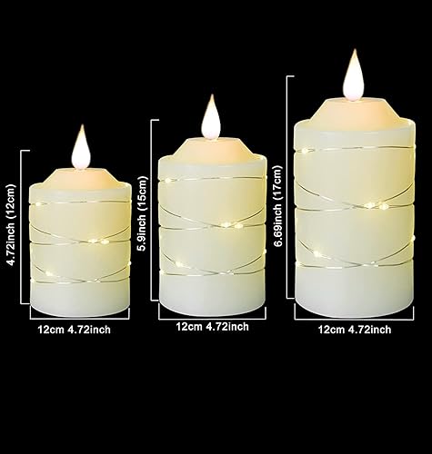 Miniatura 5 de Velas LED sin llama con cadena de luces integradas, paquete de 3 velas eléctricas parpadeantes con control remoto de 10 teclas, para celebración de
