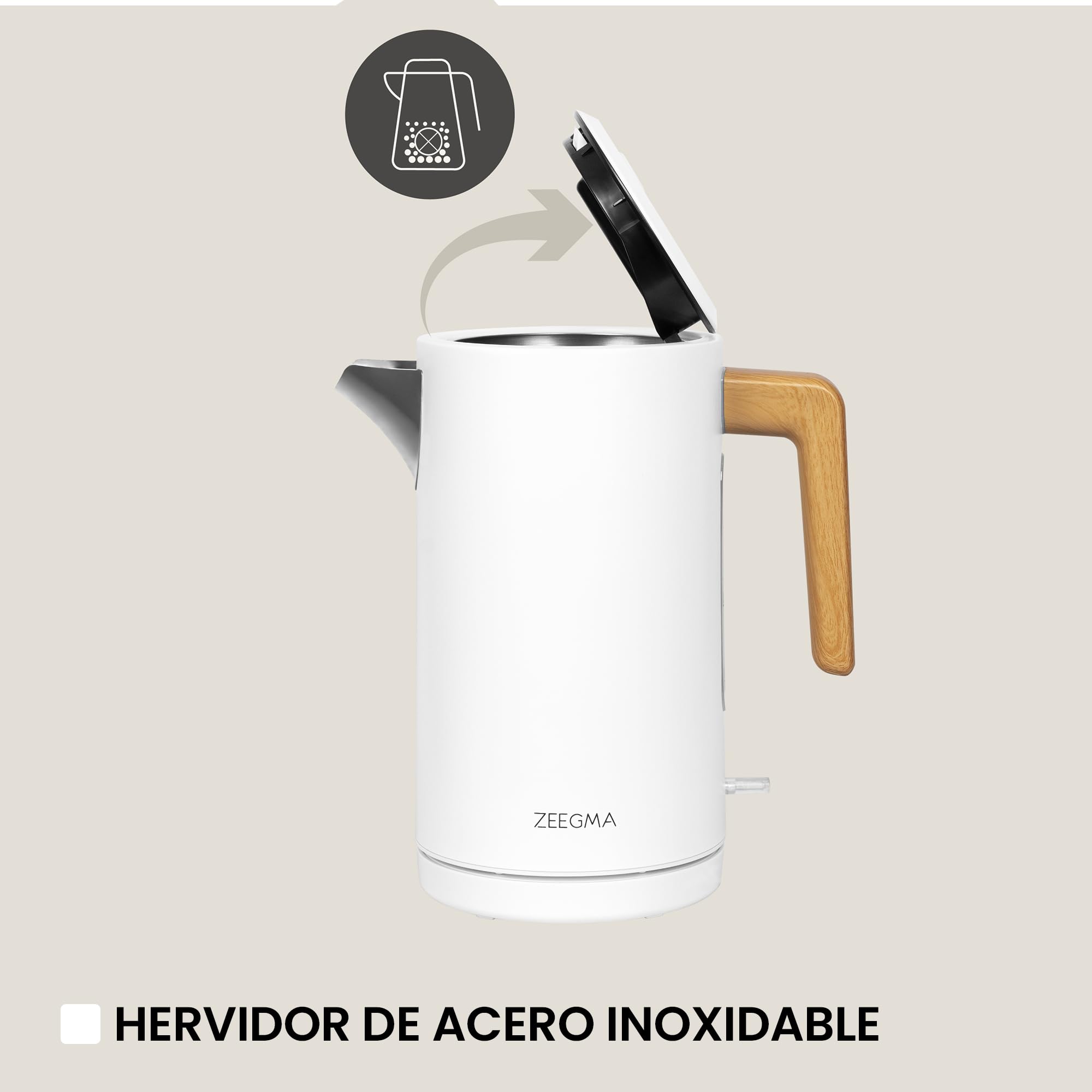ZEEGMA KETLEE Hervidor de Agua Eléctrico Inalámbrico de 1,7 l para Té Café, Potencia de 2200 W, Indicador de Nivel de Agua, Apagado Automático, Acero Inoxidable Diseño Elegante Moderno