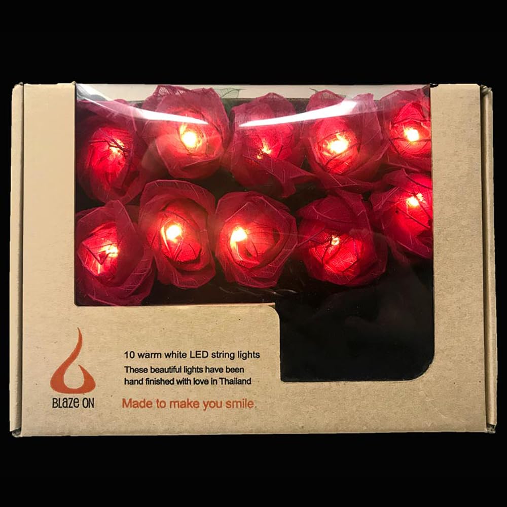 Blaze On Cabbage Rose Fairy Lights (Red) – 10 Warm White LED Lights – Handcrafted Roses Created from Real Rubber Tree Leaves – 3-Pin UK Mains Plug – Indoor Decorative String Lights