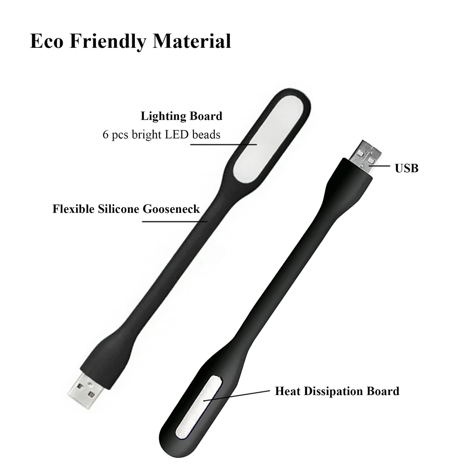 Mini luce flessibile, portatile, USB, lampada notturna a LED per lettura, per PC, laptop, computer, notebook, power bank, confezione da 2 (nero)
