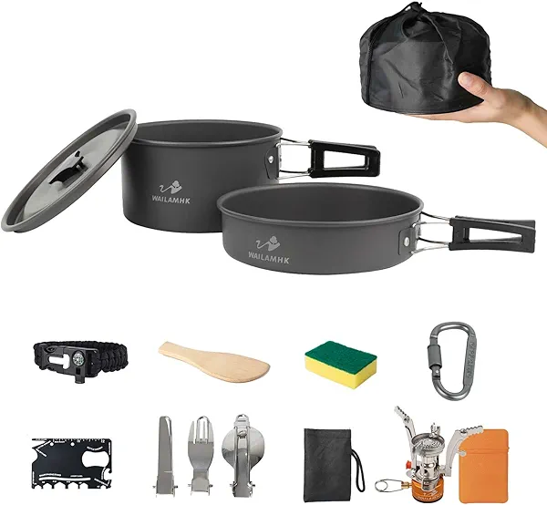 WAILAMHK Camping Cookware Mess Kit, 13 pcs Backpacking Cookware Set, Lightweight Camping Pots and Stove Set for 1-2 Person, Outdoor Cooking Gear Ideal for Camping, Hiking, Backpacking and Picnic