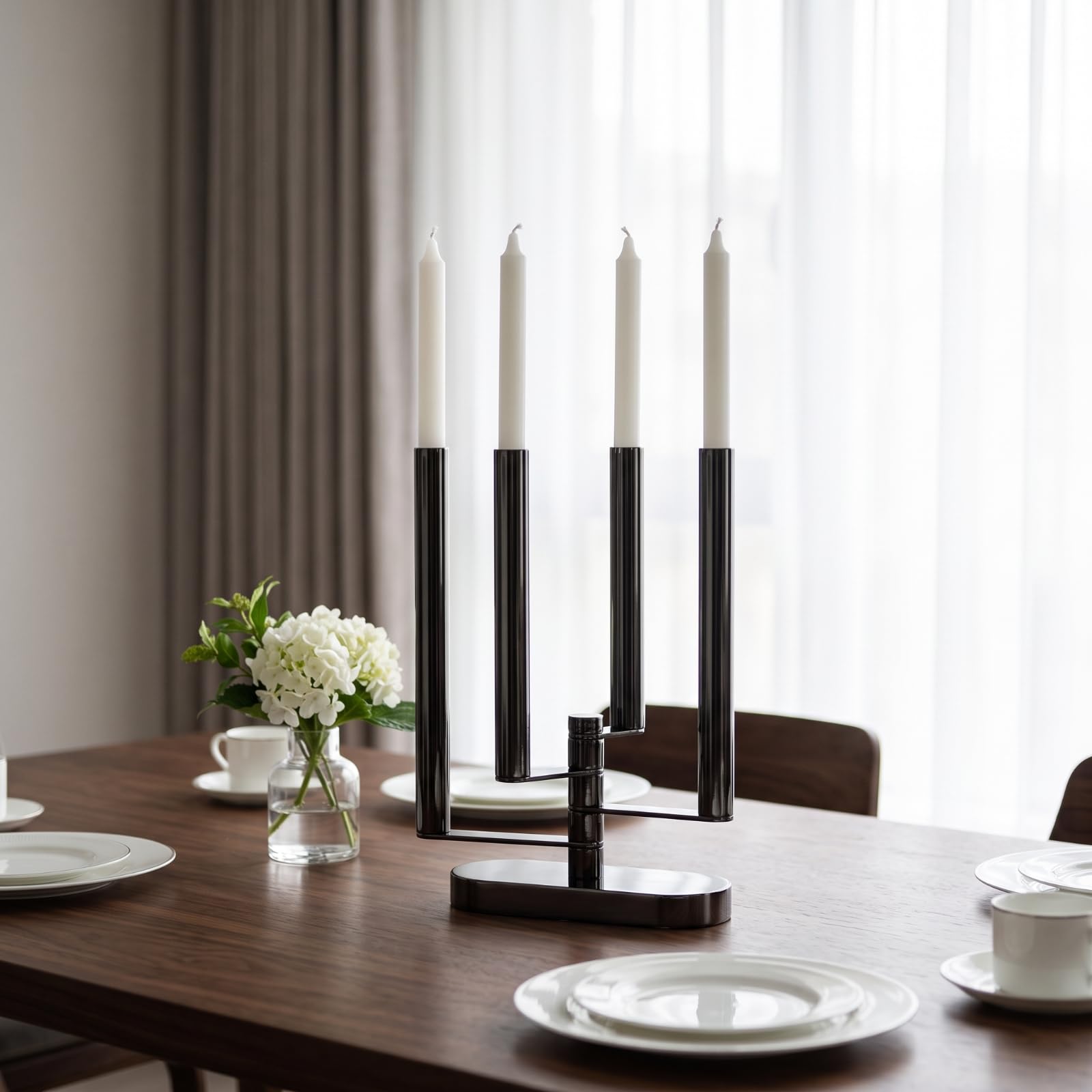 Portacandele a 4 Rami Lucido Candelabro da Tavolo Compatto Candelabro Moderno in Metallo per Ingresso, Argento