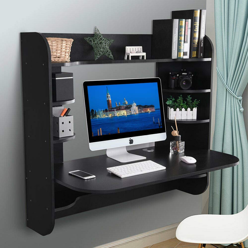 Binrrio WallMounted Computer Desk, Storage Tray Floating Desk, Wood
