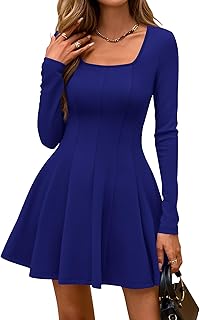 Square Neck Dress for Women Casual Fall Long Sleeve Knit Pleated Elegant Classy 2025 A Line Cocktail Mini Dresses