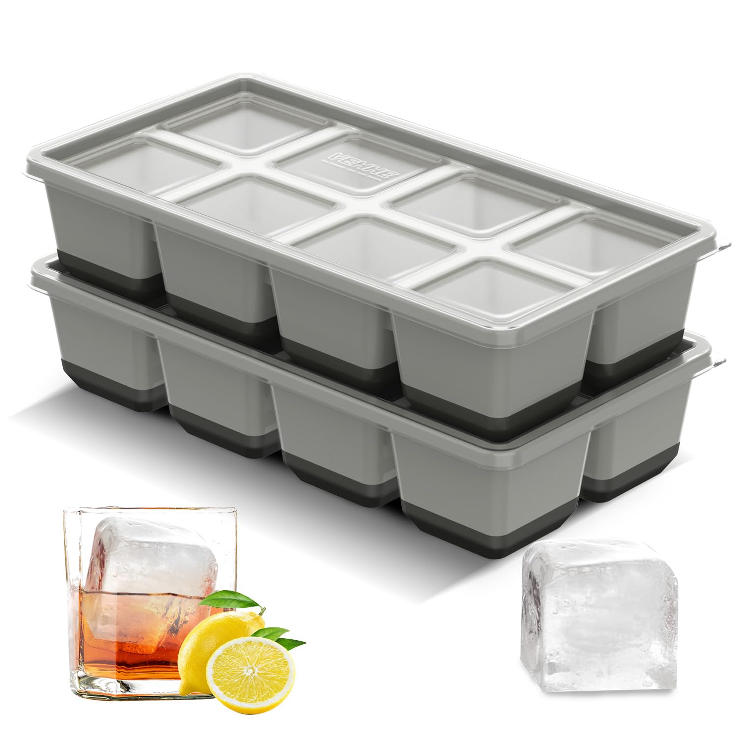 VEHHE Ice Trays for Freezer with Lid, 2 Pack Reusable BPA Free Silicone Ice Cube Tray, Stackable Ice Cube Mold (Black-Gray)