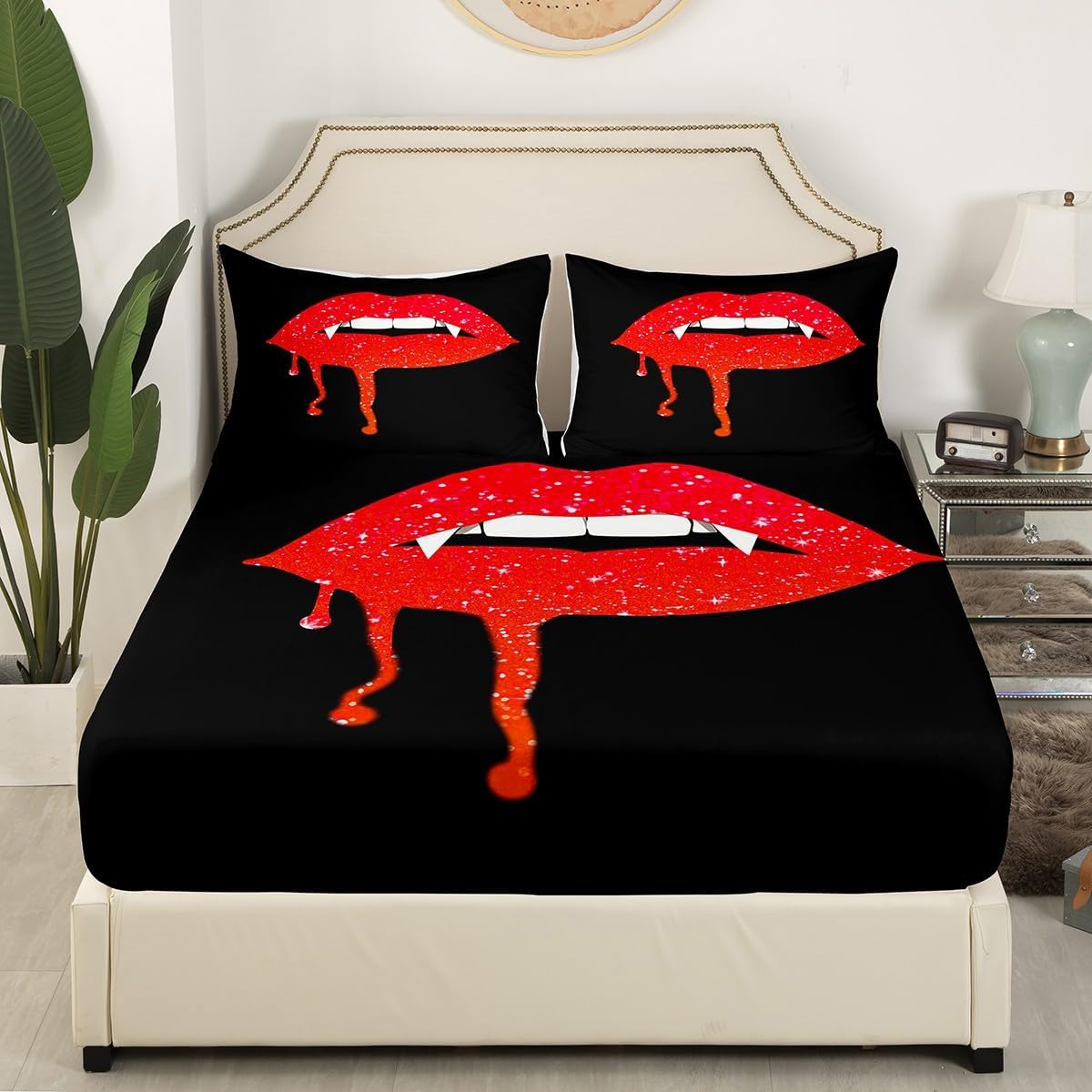 Erosebridal Halloween Bedding Set Gothic Have a Bite Horror Theme Full Fitted Sheet for Boys Girls Sexy Sparkle Glitter Sequins Lips Bed Sheets Halloween Decor Sheets,Red 3 Pcs