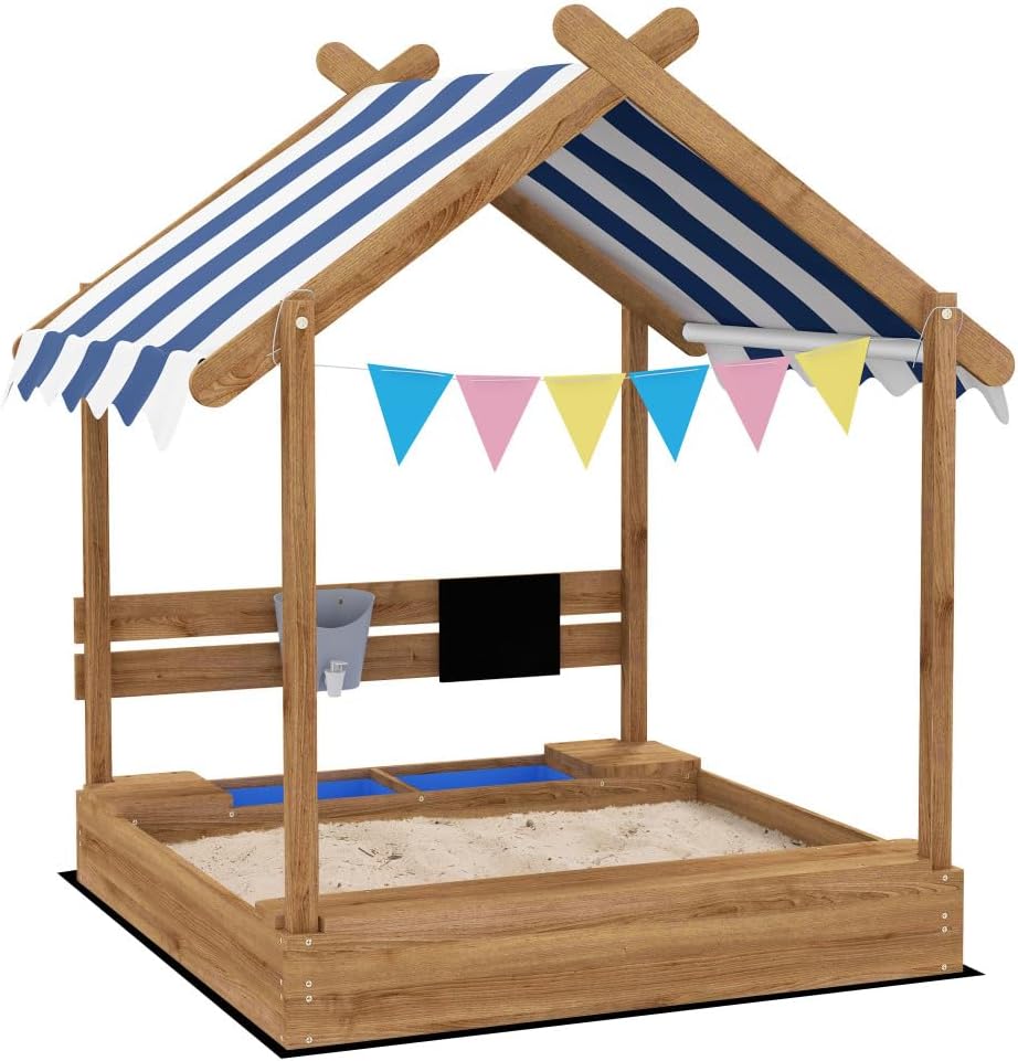 Wooden Kids Sandbox with Weather-Resistant Canopy and Play Set for Outdoor Fun, Brown