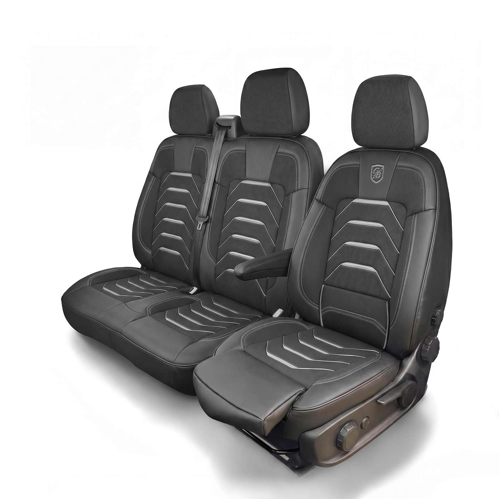 Housses de siège auto 2 + 1 pour Mercedes Sprinter 3 2018-2026 - En lin - Ensemble de sièges avant droit - Siège passager divisé - Noir/gris
