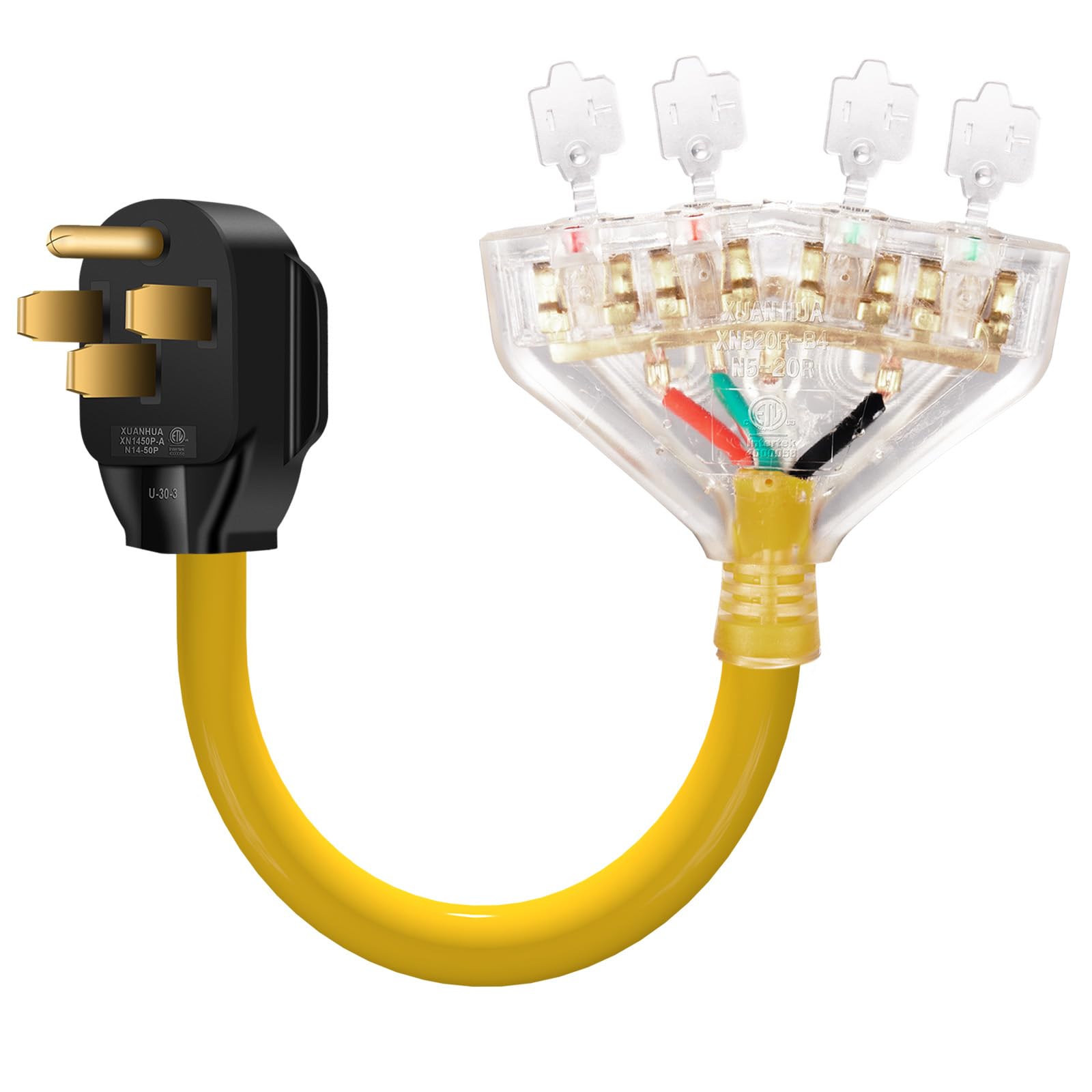 50 Amp to 20 Amp 110V RV Distribution Adapter Cord, NEMA 14-50P Male to 4X 5-15R/5-20R T-Blade Household Outlet Female with Dust Protection Caps,ETL