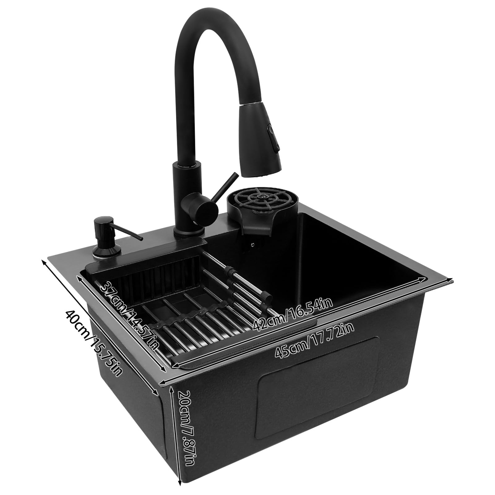 Lavello in acciaio inox nero con rubinetto estraibile e lavastoviglie per tazze, set di lavello multifunzione, 42 x 37 x 20 cm