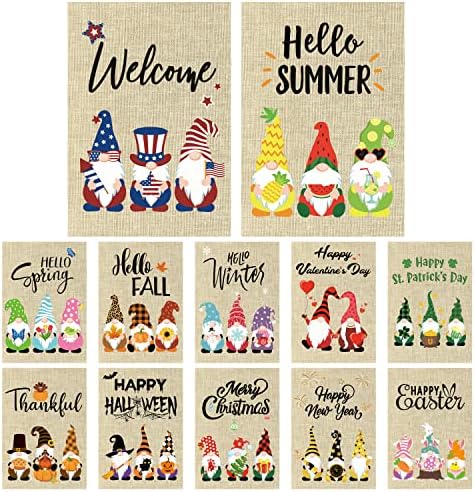 GROBRO7 12Pcs Easter Gnome Seasonal Garden Flag Set for Hello Summer Halloween Fall Holiday Outdoor Party Decoration Double Sided Print Burlap House Yard Flag for Thanksgiving Christmas New Year 12x18 Inch