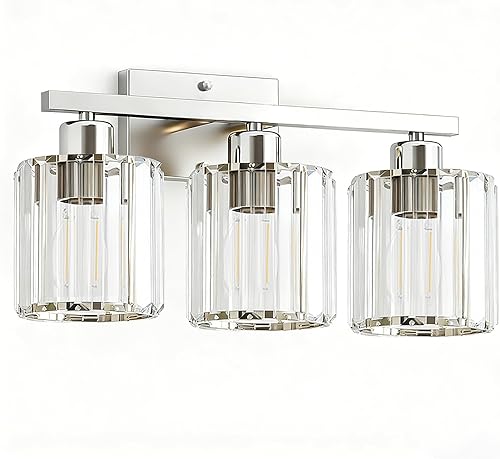 Miniatura 8 de GOLSPARK Modern Crystal Bathroom Vanity Light, 3-Light Brushed Nickel Vanity Lighting Fixtures Over Mirror for Bathroom, Wall Sconce Bath Wall