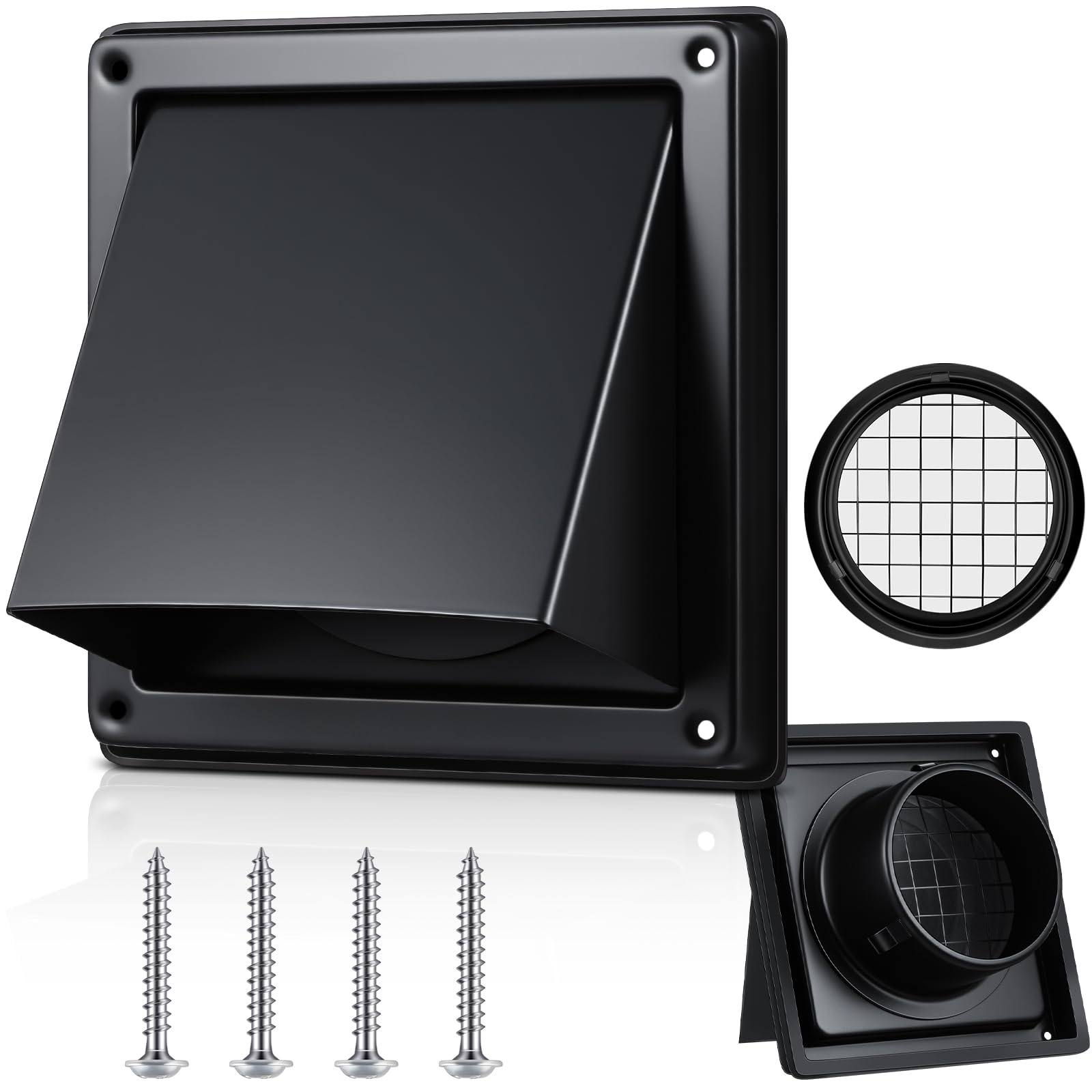 Photo 1 of Gisafai 4'' Dryer Vent Cover Outside Walls External Extractor Fan Exhaust Vent Cap Stainless Steel Hood Cushioned Non Return Flap with Sealing Gasket Grille Screen(Black)
