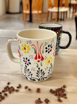 Dekoratif Çini İşlemeli Büyük Kupa, Kahve Fincanı, Ayran Bardağı, Meşrubat Bardağı Siyah Beyaz 2 Adet