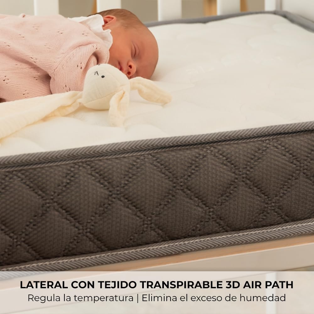 Nalui - Colchón Cuna 120 x 60 cm Baby Dreams Núcleo HR Adapt Foam, Lateral 3D Transpirable y Tejido Aloe Vera Hipoalergénico | Reversible | Certificado Oeko-Tex® | Hecho en España. Altura ±11cm, Gris