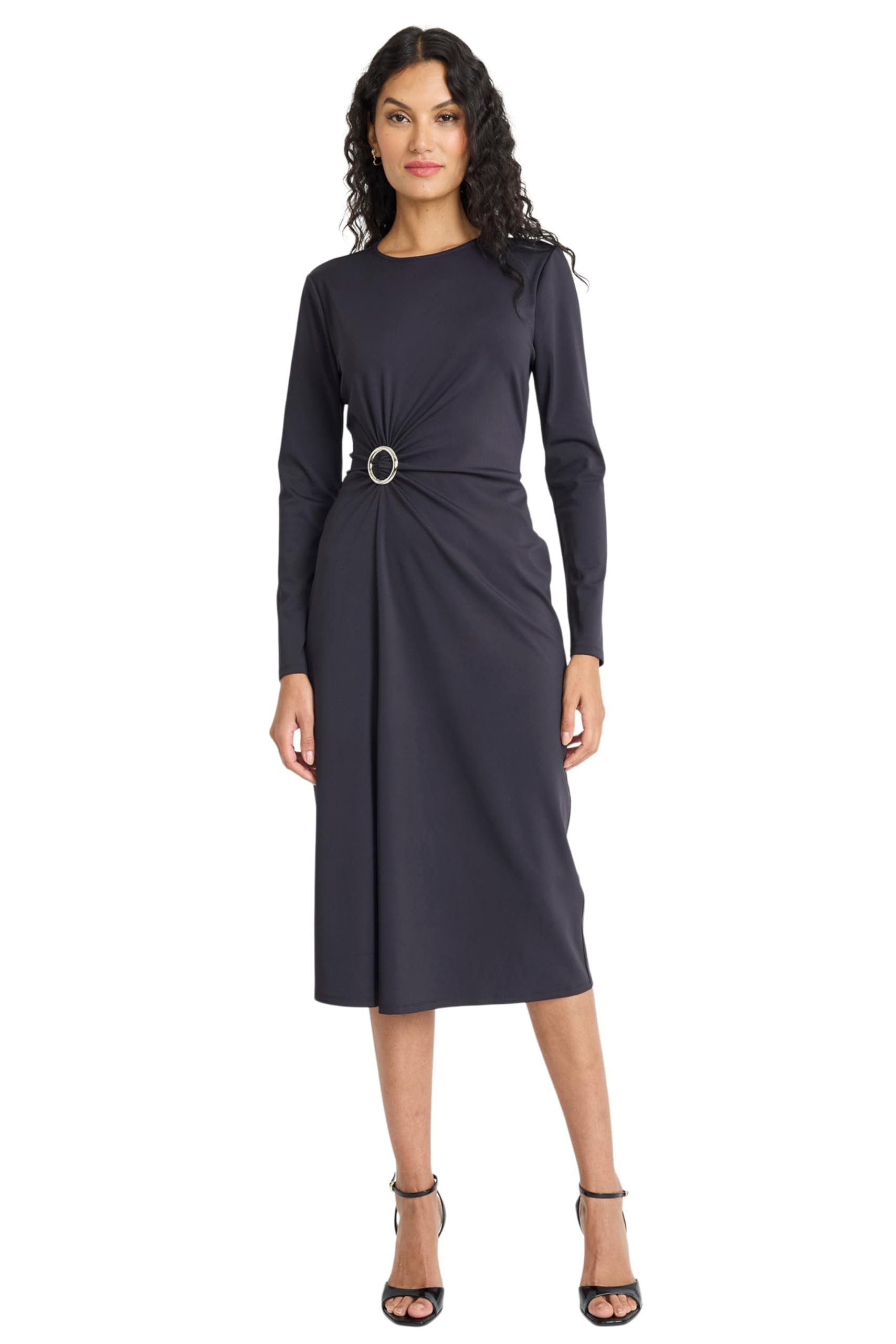 Maggy London Womens Long Sleeve Midi Sheath Dress with O-Ring Detail - Professional Work Dresses