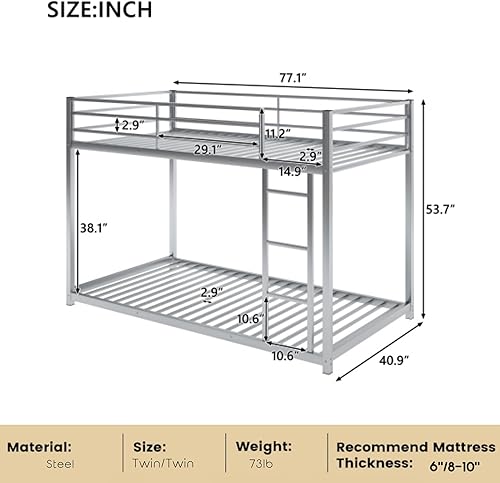 Miniatura 10 de Litera de tamaño individual sobre individual, litera baja con escalera, litera de metal con barandillas, marco de cama de metal resistente para