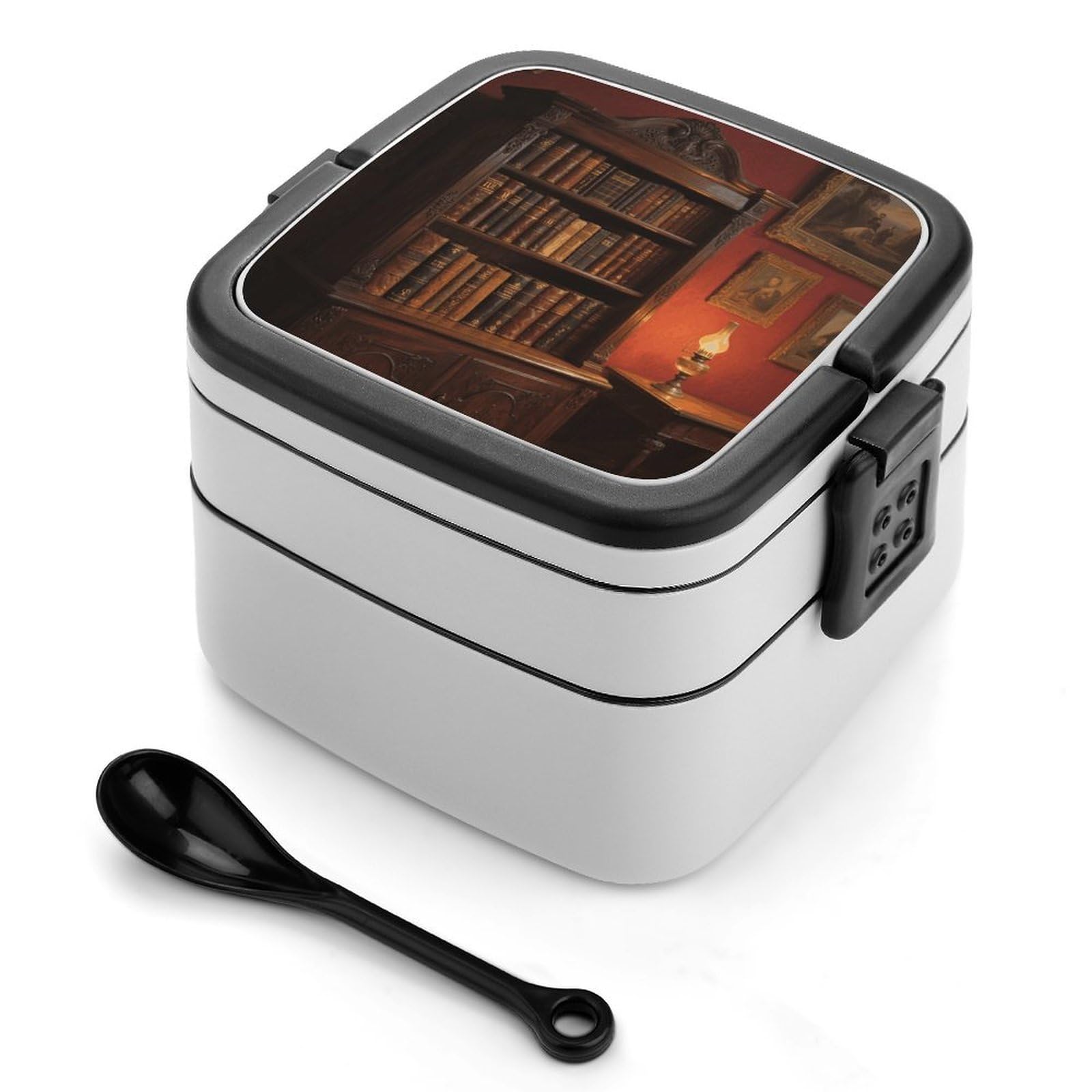 VstaDank Bookshelf Bento Box with Compartments Portable Lunch Containers with Spoon Leak Proof Bento Lunch Box Snap-On Design Double-Layer Insulated Lunch Boxes for Work Camping