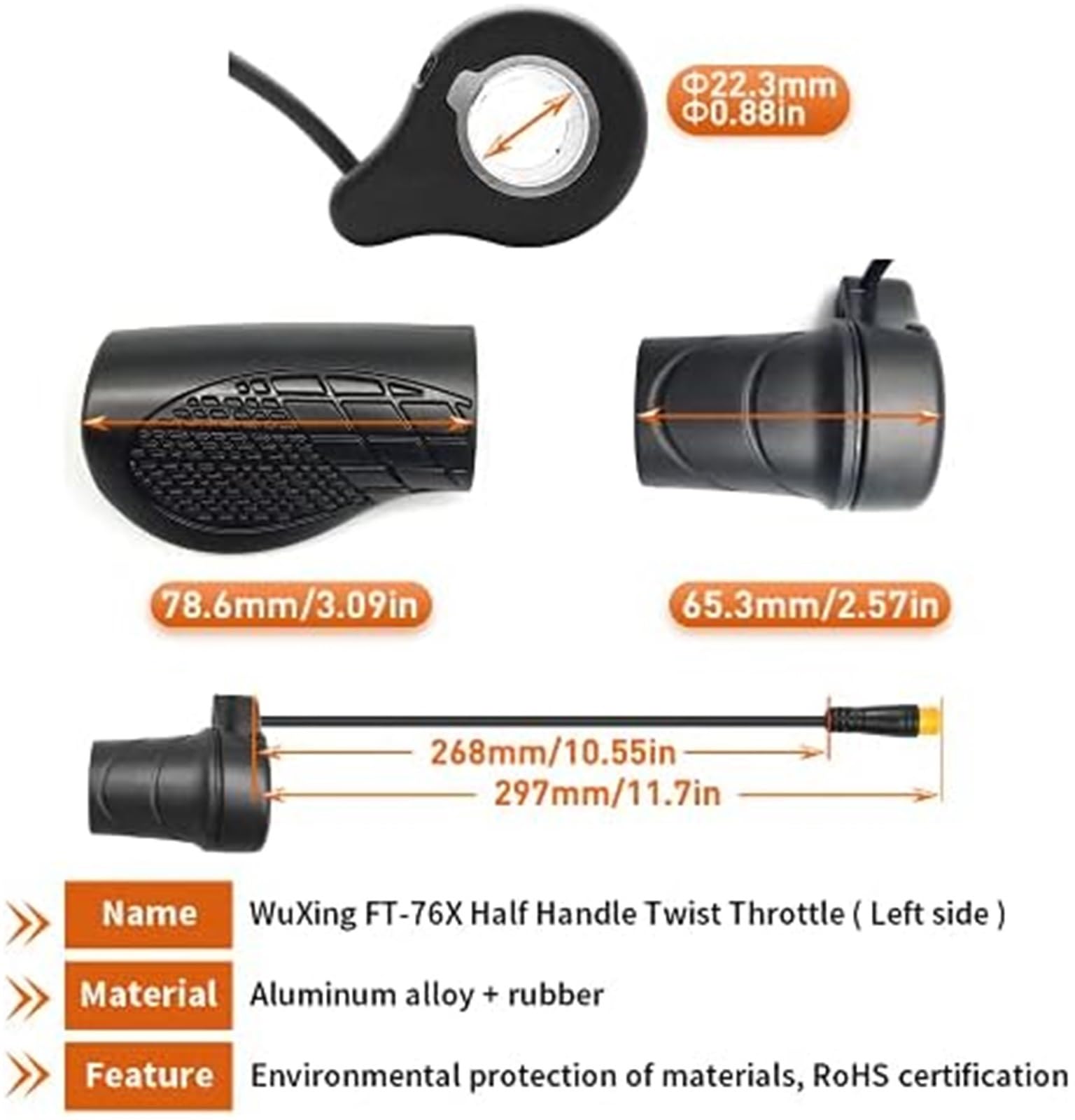 Bicicletta elettrica Maniglia sinistra 76X Acceleratore a mezza torsione 24V 36V 48V 60V 72V Spina impermeabile Acceleratore a pollice per scooter