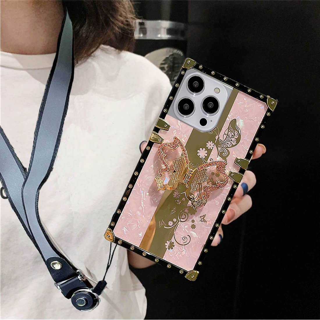 for iPhone 13 pro max Phone Case,Babemall Retro Elegant Seashell Marble Butterfly Protective Kickstand Case with Night Fluorescent Strap - Pink Butterfly