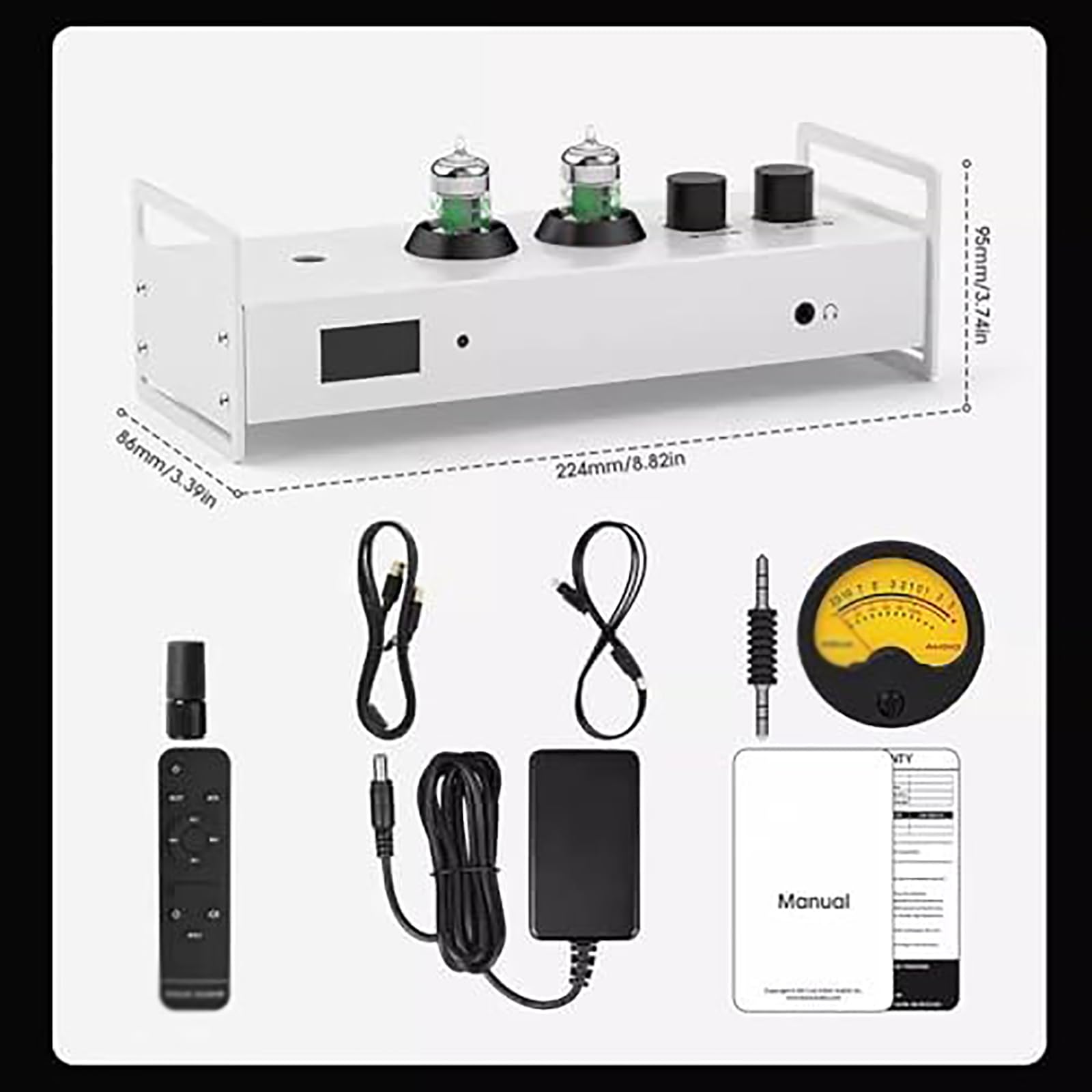 Preamplificador de audio de 2 canales, preamplificador de tubo de vacío Hi-Fi con pantalla OLED, control remoto, 6 entradas + 4 salidas, medidor VU para altavoces HiFi domésticos