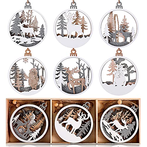 6 Stück Holz Weihnachten Ornament Wunderland Winter Weihnachtsbaumschmuck Rustikal Bauernhaus Dekoration Glitzer Wald Rentier Schnitzerei Handwerk Weiß Weihnachtsdeko für Weihnachtsbaum