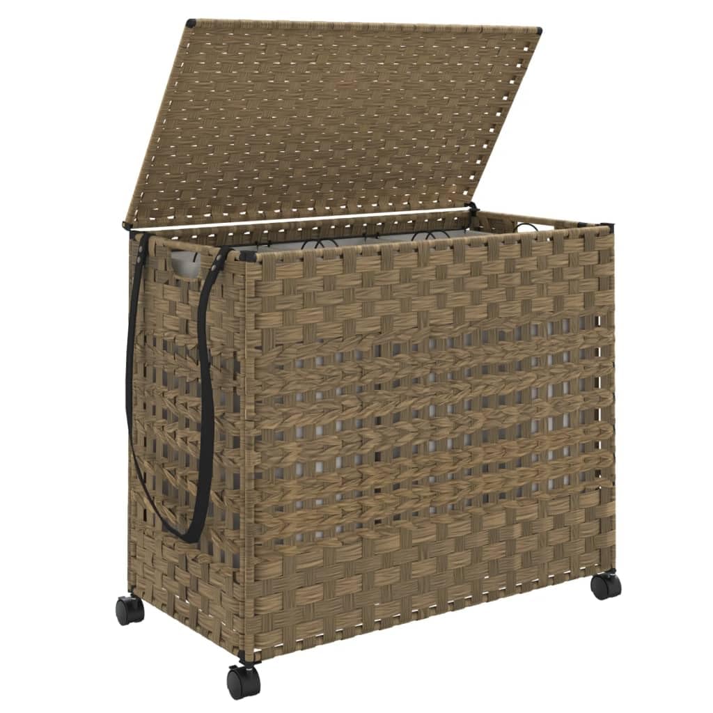Wäschekorb mit Rollen aus Rattan 66 x 35 x 60 cm, handgewebt mit Deckel, 3 Fächer, Innenbeutel, Bremsrollen und Klappdesign für Bad, Schlafzimmer und Waschküche