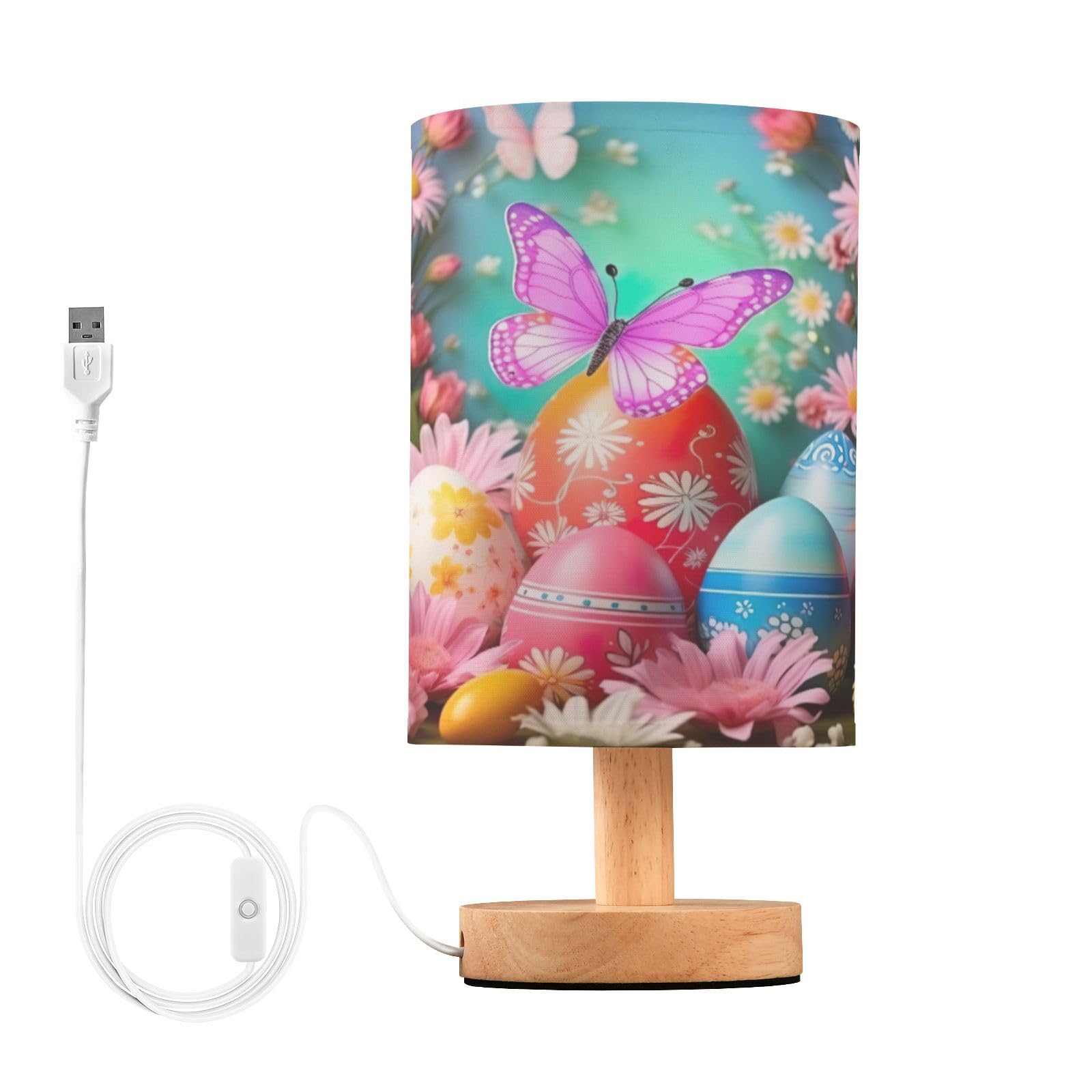 SDMKA Happy Easter Pattern Bedside Table Lamp for Bedroom, Minimalist Nightstand Lamp with Round Fabric Shade for Living Room, Office, No Bulb Required
