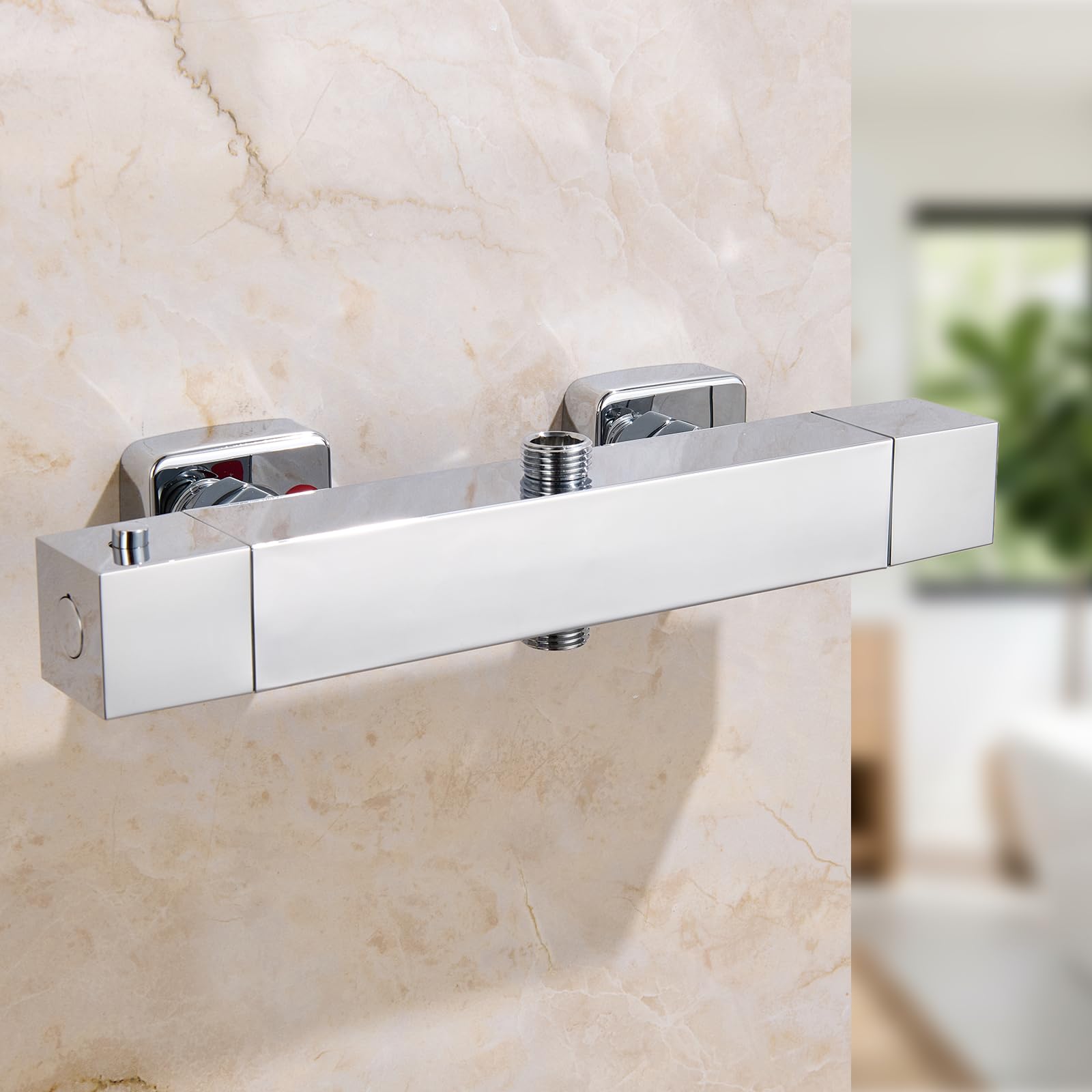 Auralum Grifo Termostático Ducha y Bañera, Mezclador de Pared Cuerpo Frío Antiquemaduras con Botón 38°C, Grifería 2 Salidas G1/2'', Adaptador G3/4'', Ajustables 135-165mm, Repuesto Universal, Cromo