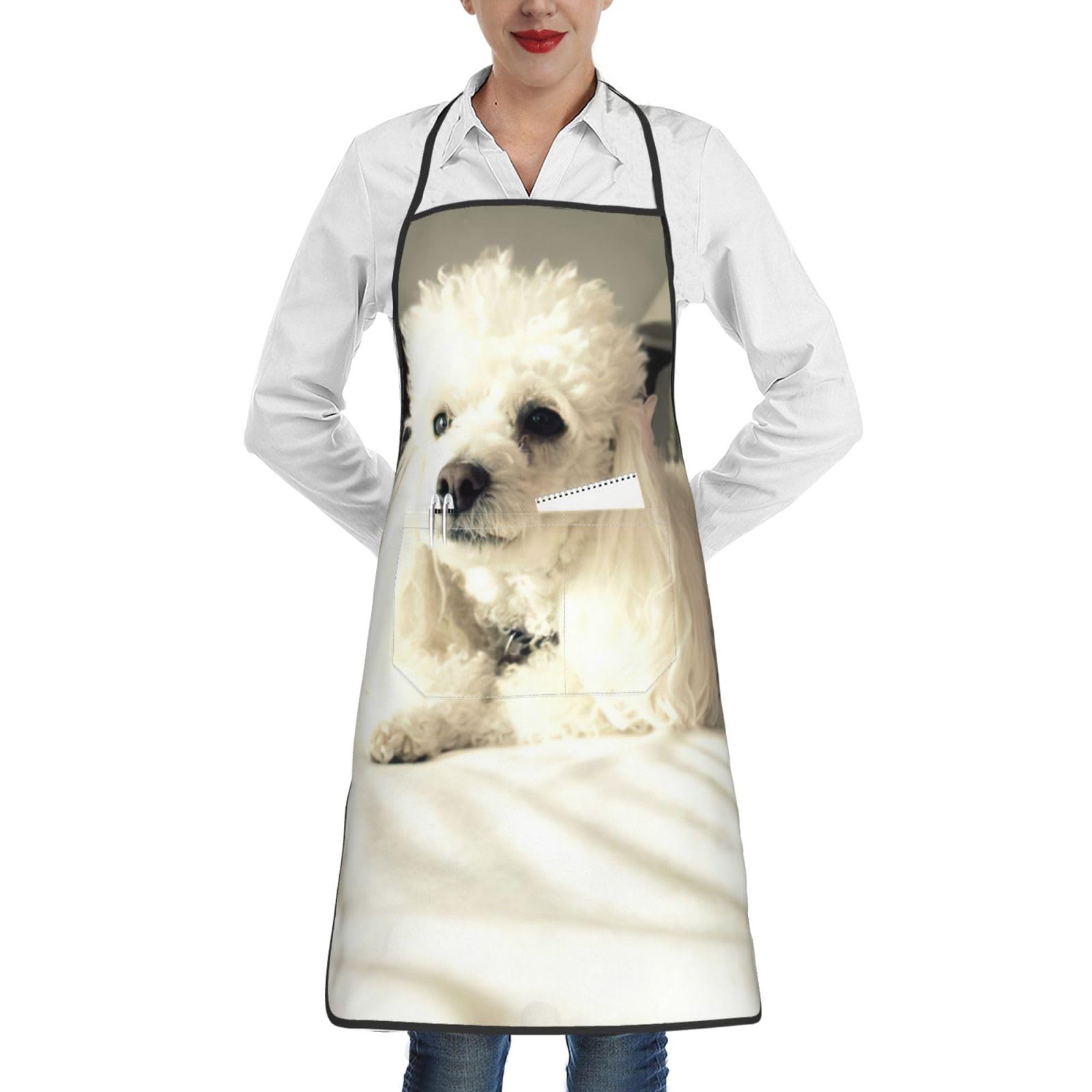 Edwal Unisex White French Poodle Print Kitchen Aprons, Apron For Cooking With Pocket, Chef Aprons For Men Women