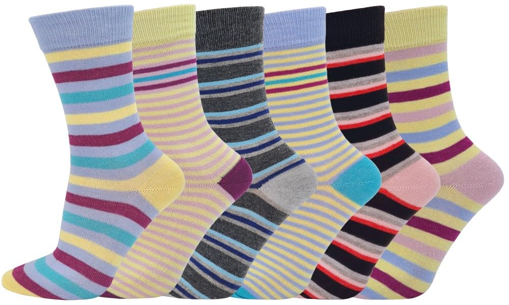 Ladies Womens Ankle Socks Cotton Rich Funky Designs Multipack Of 6 Pairs Size 4-8 (UK, Numeric, 4, 8, Regular, Regular, Stripes)