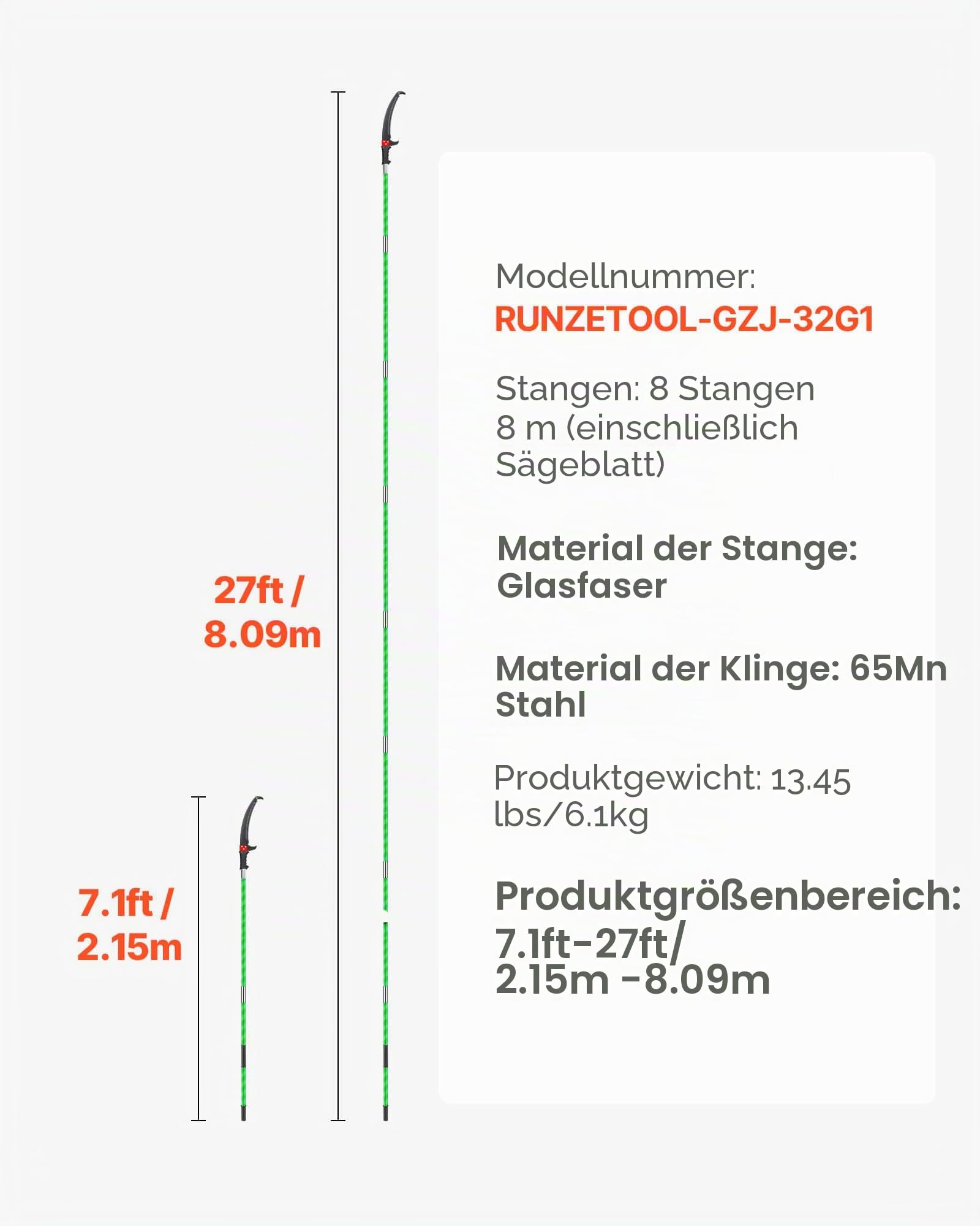 VEVOR Astsäge mit Teleskopstiel, 2,15-8,09 m einstellbar, Klinge aus 65Mn-Stahl, leichte Stange aus Fiberglas, zum Beschneiden hoher Äste, Teleskop Baumsäge für Palmen Sträucher