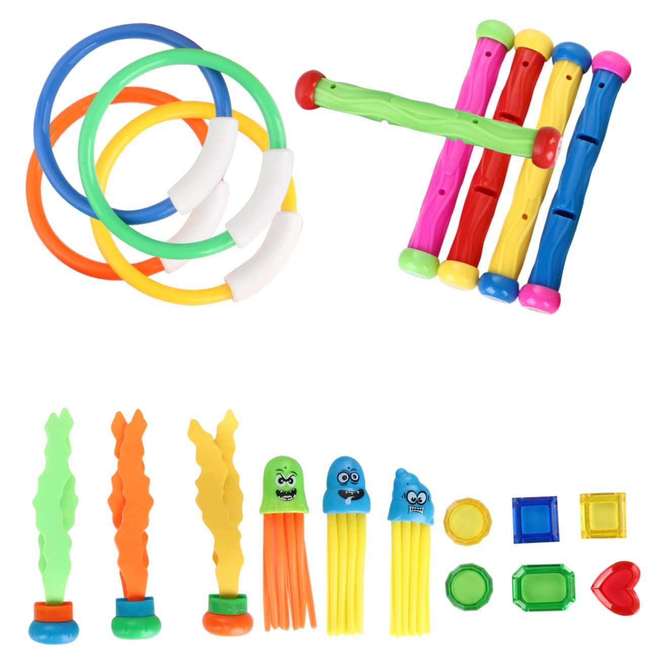 Uonlytech Ensemble de Jouets de Plongée 21 Pièces en PVC Anneaux, Bâtons et Poulpe pour Garçon et Filles Débutants, Design Lisse pour Jeux Piscine et Initiation la Couleur Aléatoire