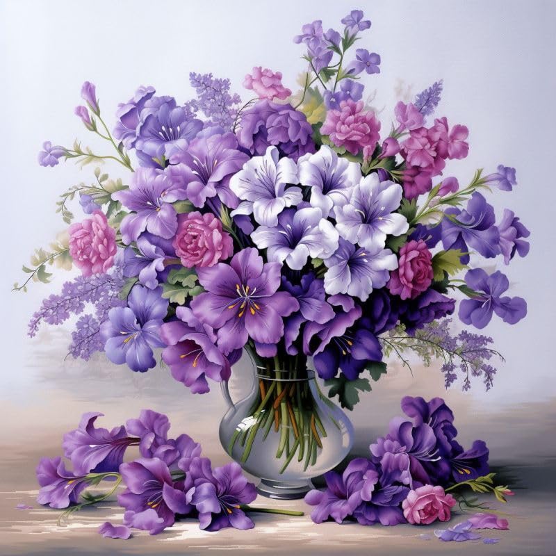 Cross Stitch Kits Counted Kit Cross-Stitching Pattern for Home Decor, 11CT Pre-Printed Fabric Embroidery Crafts Needlepoint Kit 50x50cm - Plants, Purple Flowers 4