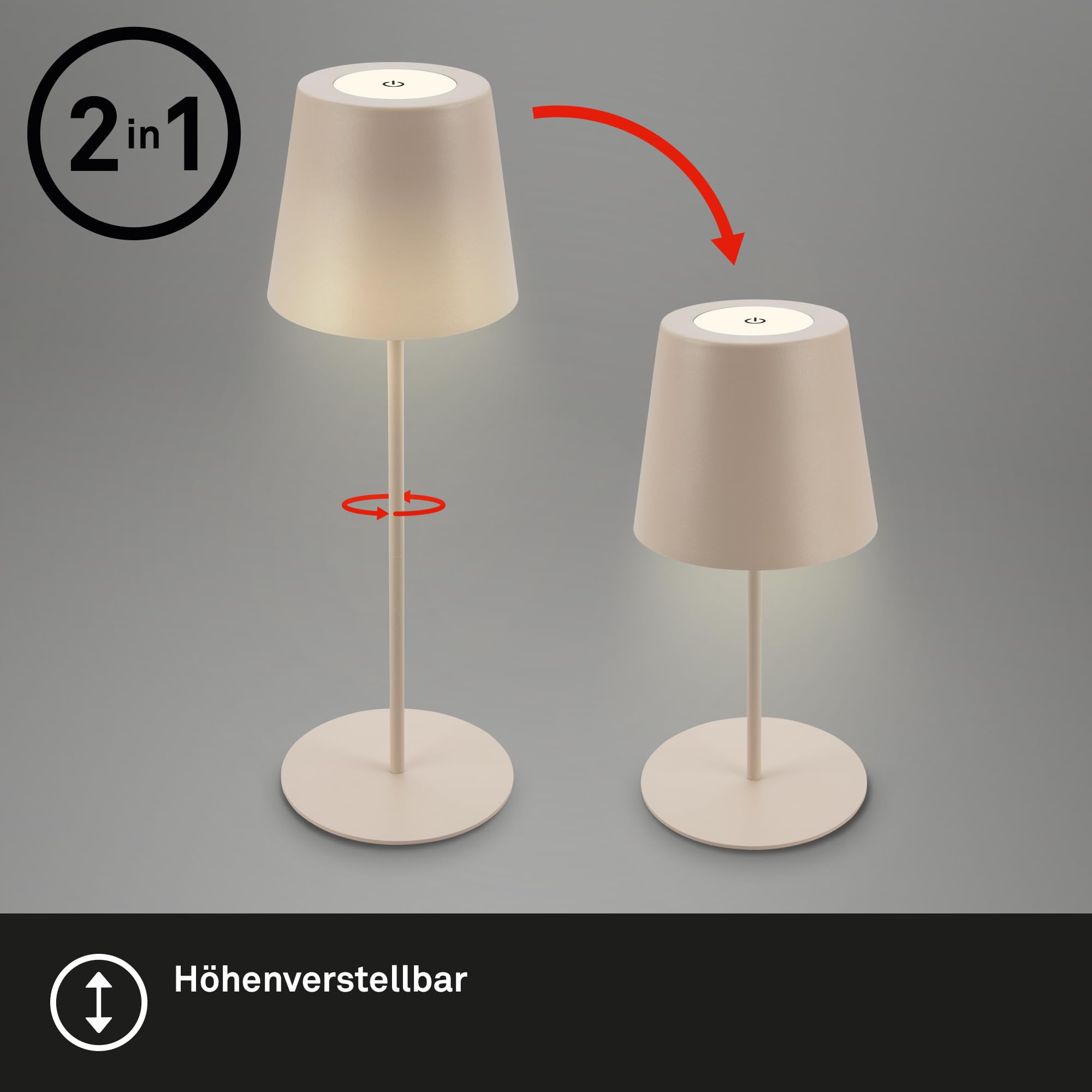 Briloner Lote de 2 lámparas mesa LED inalámbricas, altura regulable, regulable táctil, batería reemplazable, recarga USB-C, lámpara decorativa noche, Ø12 x 36 cm, Beige