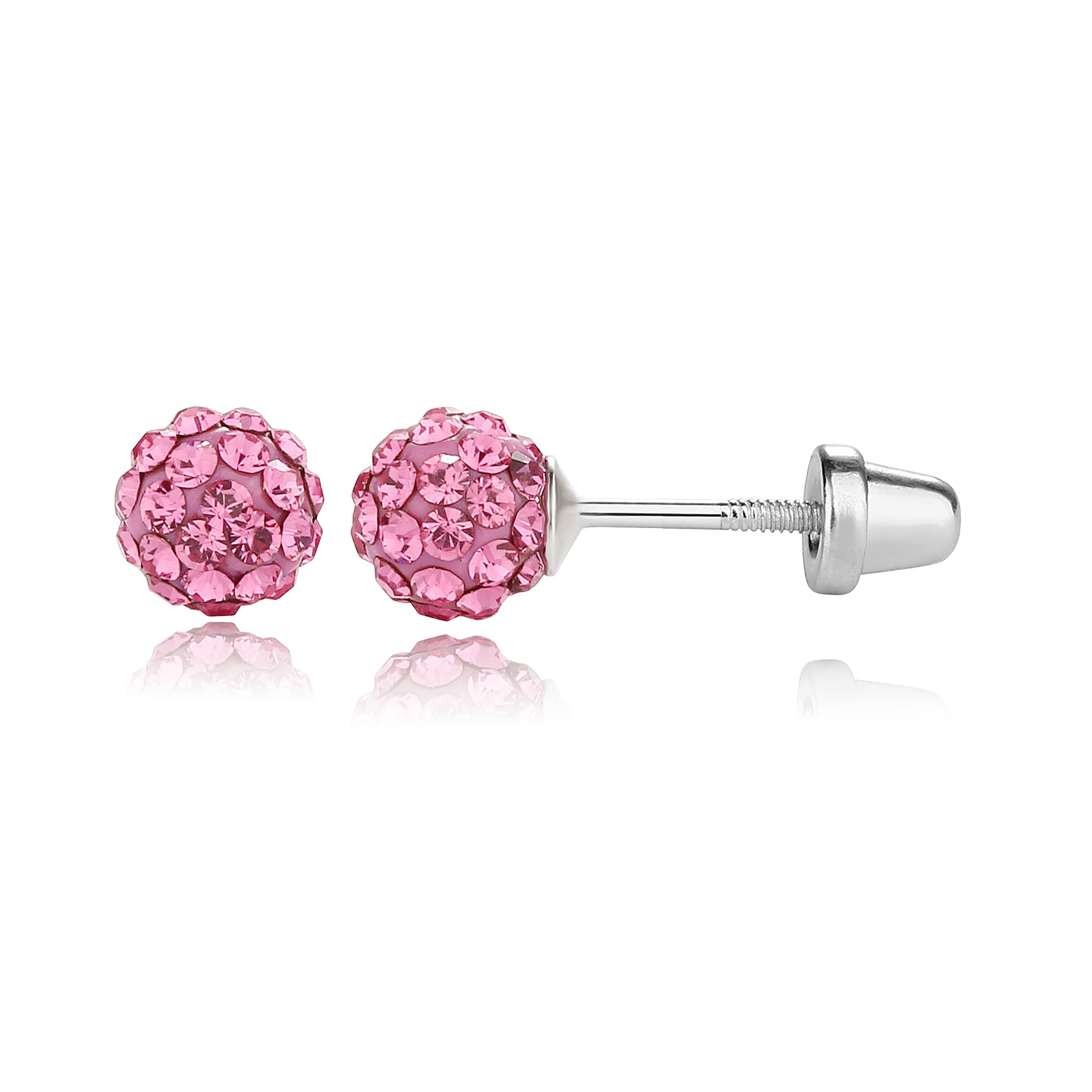 Cherished Moments Sterling Silver Simulated October Birthstone Pink Pave Ball Screw-Back Earrings for Little Girls and Kids