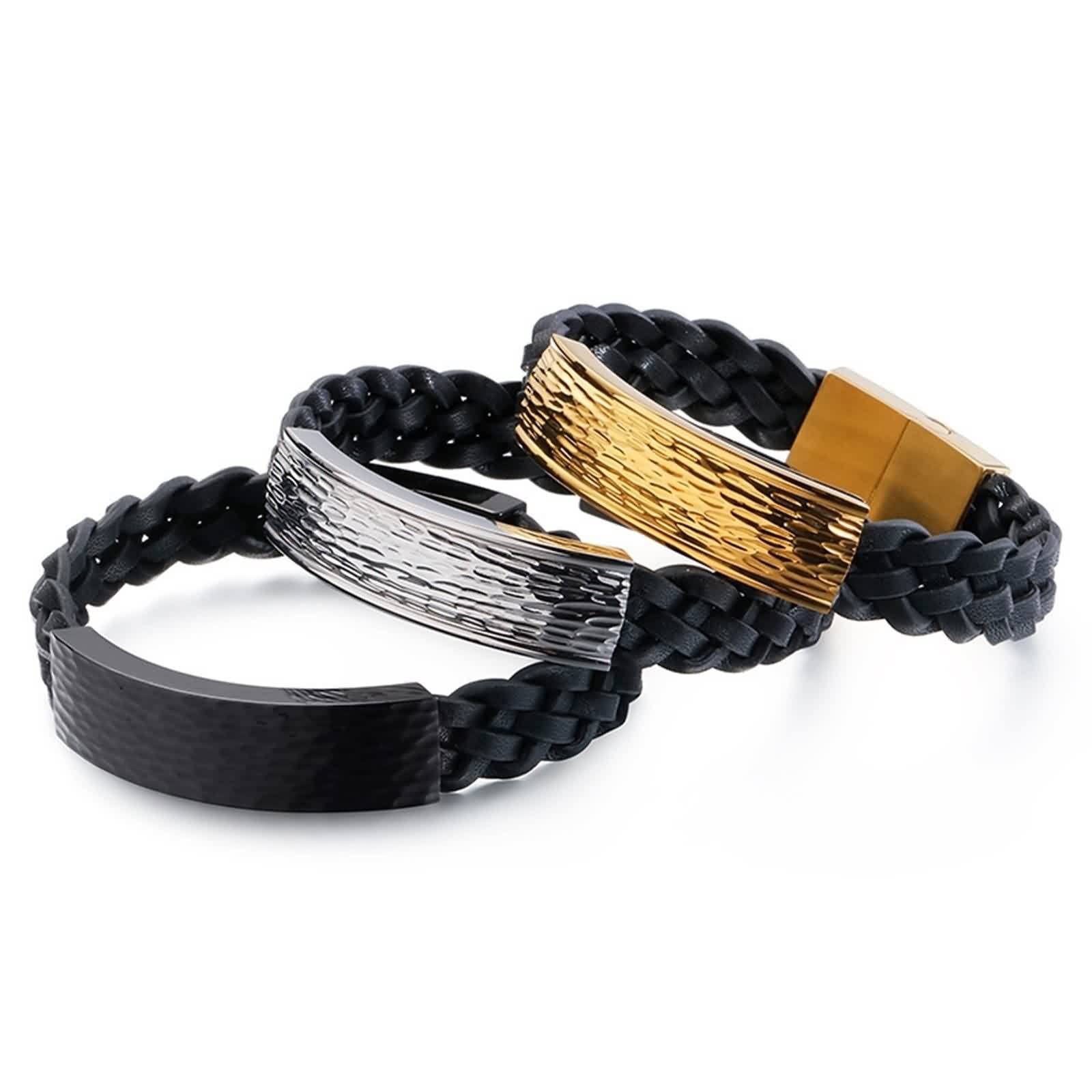 Pulsera unisex trenzada de acero inoxidable de cuero para hombre y mujer